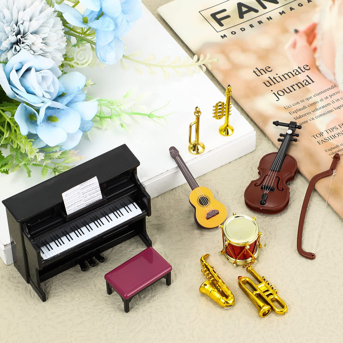 Dollhouse Miniature Musical Instrument Set in 1:12 Scale, Mini Dollhouse Musical Instrument Model Includes Violin Piano Trumpet Saxophone Electric Guitar, Model Accessory F