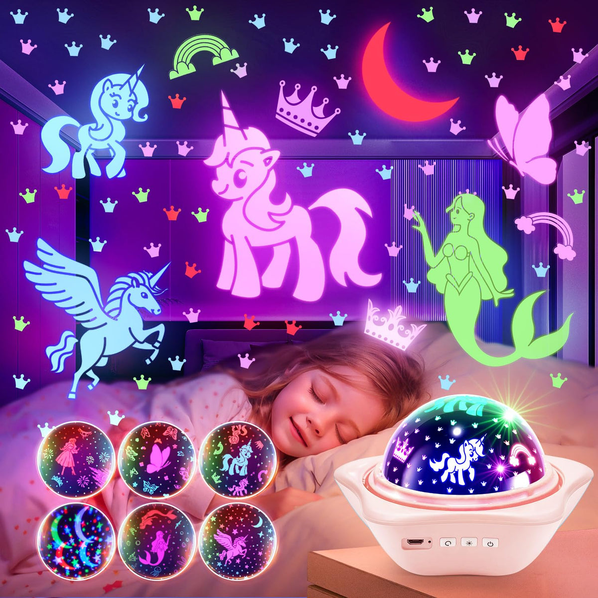 Onefire Girls Toys for Girl Gifts, 6 Films Light Projector Unicorn Toys for Girls Age 4-6, Rechargeable Night Lights for Bedroom, 360° Rotating Butterfly Decor Mermaid Gifts Princess Baby Toddler Toys