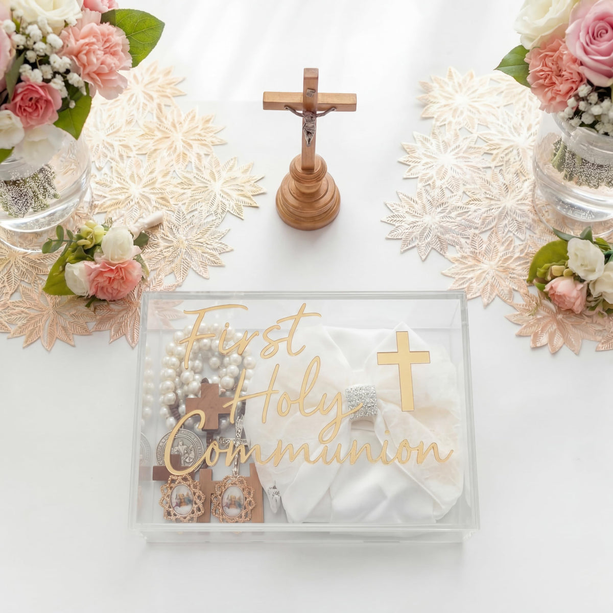 Fiwochic First Communion Keepsake Box Acrylic Baptism Memory Gift Box for Boy Girl Catholic Religious First Holy Communion Prayer Storage Gift for Rosary Jewelry Memento Photo, 8 x 5.5 x 2.36 Inch