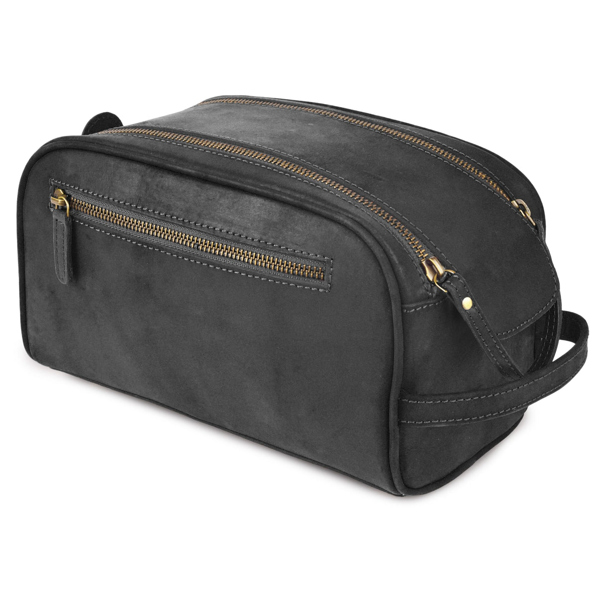 Rasavi Genuine Leather Travel Toiletry Bag, Handcrafted Vintage Water-Resistance Dopp Kit, Large Shaving & Bathroom Organizer - Gift for Men & Women - Black