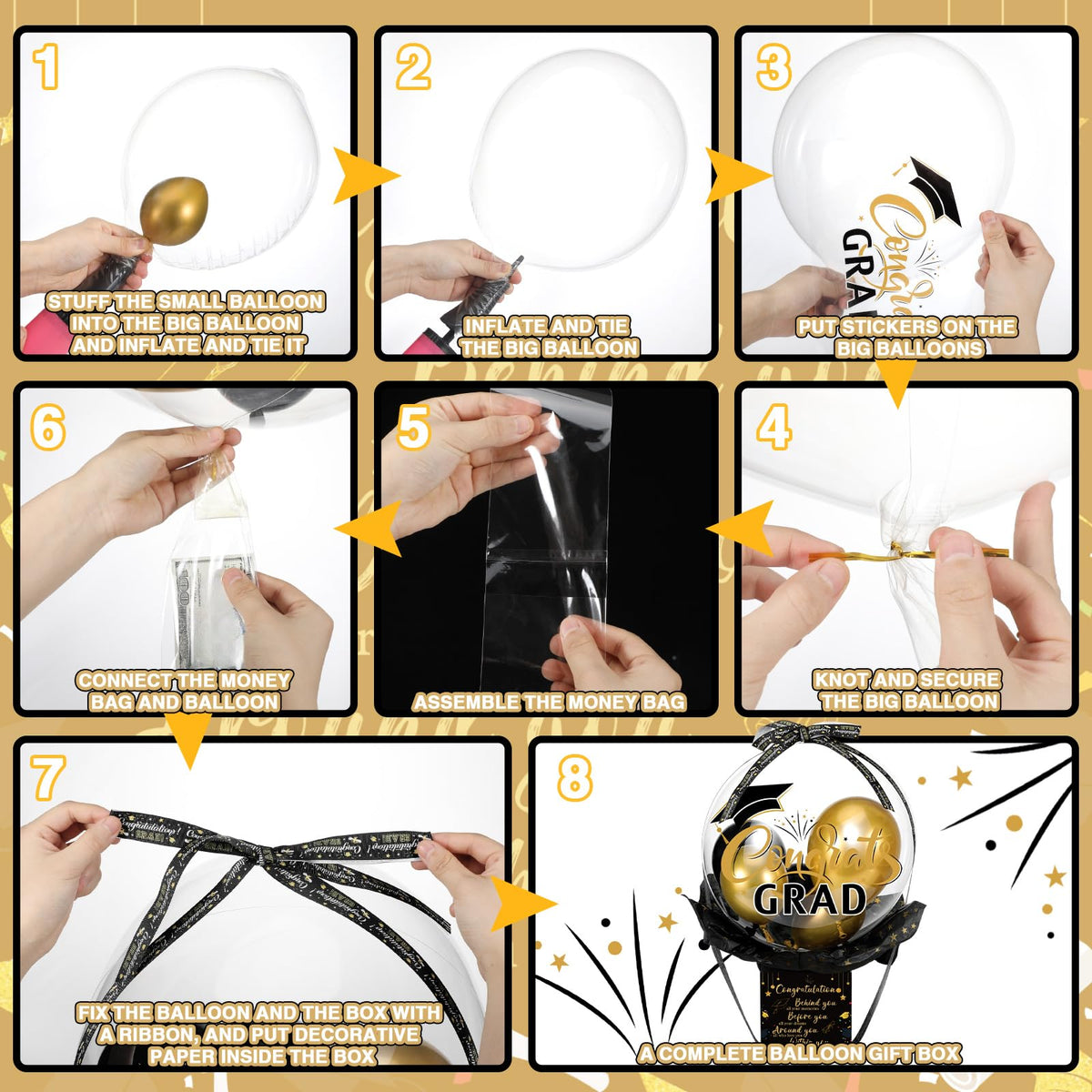 MiniInflat Black Gold Graduation Pull Money Balloon Box Gift Surprise Kit for Cash Graduation Party Balloon Set Class of 2026 Graduates Gifts for College High School Grad Party Decorations Supplies