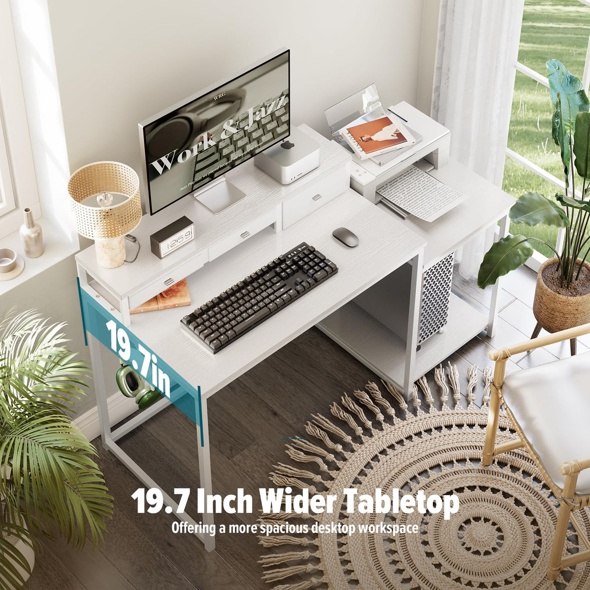 SINPAID 47 inch Computer Desk with Printer Shelf, Gaming Desk with Monitor Stand and Drawers, Reversible Home Office Desk with Storage Shelves and 2 Hooks, Home Workstation for Study Writing, White