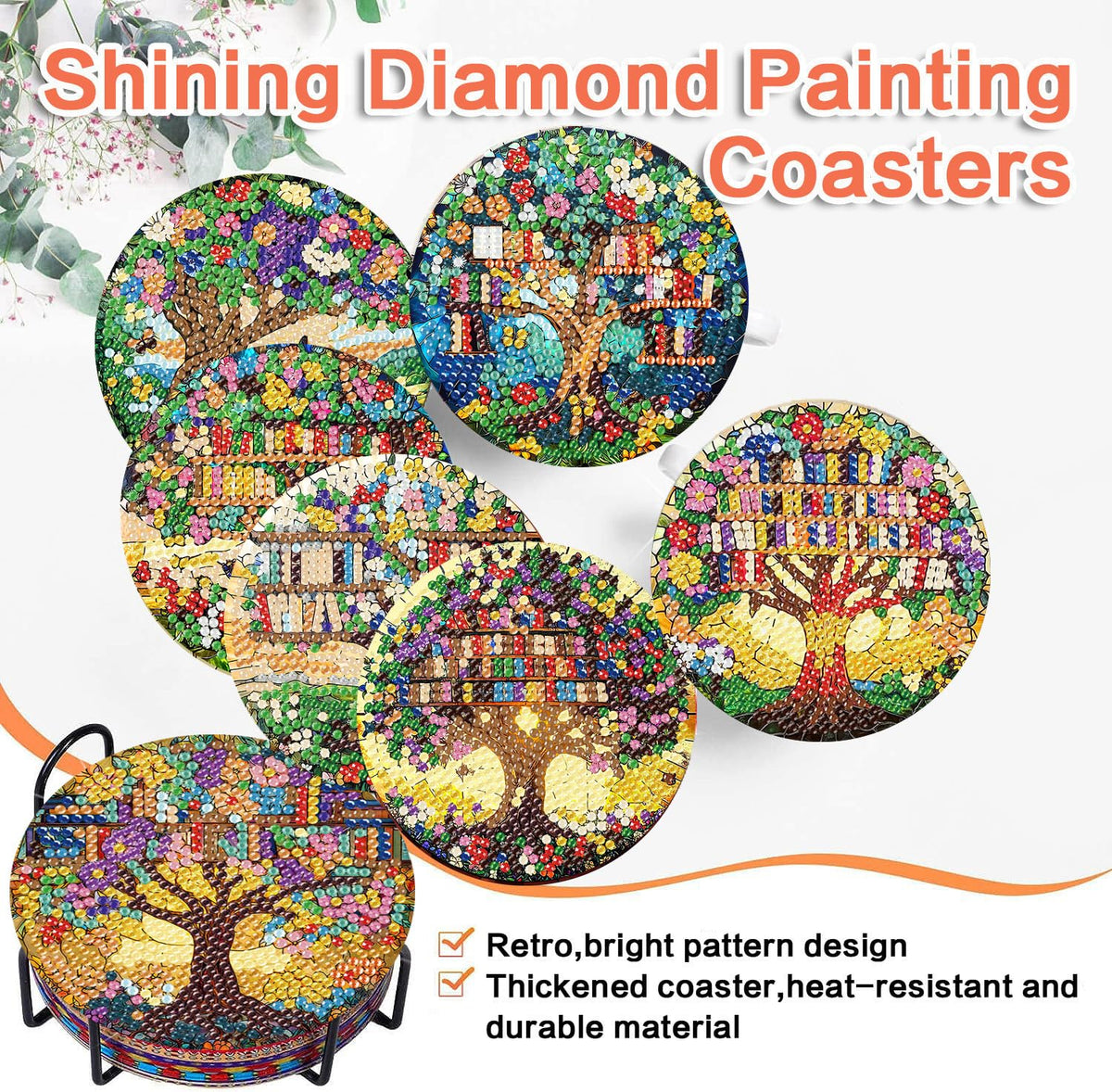 ijbnhd 8 Pcs Diamond Art Coasters Kits, Tree of Life Diamond Painting Coasters Kit with Holder, Diamonds Art Non Slip Coaster Crafts Kits for Adults Gifts 4x4 inch (Cork Wooden Pad)