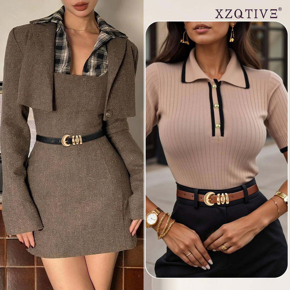 XZQTIVE 2 Pack 0.71'' Womens Skinny Leather Belts for Ladies Thin Waist Belt for Jeans Dress Pants with Fashion Gold Buckle, Black/Brown, Fits Pant Sizes 33-37 inch
