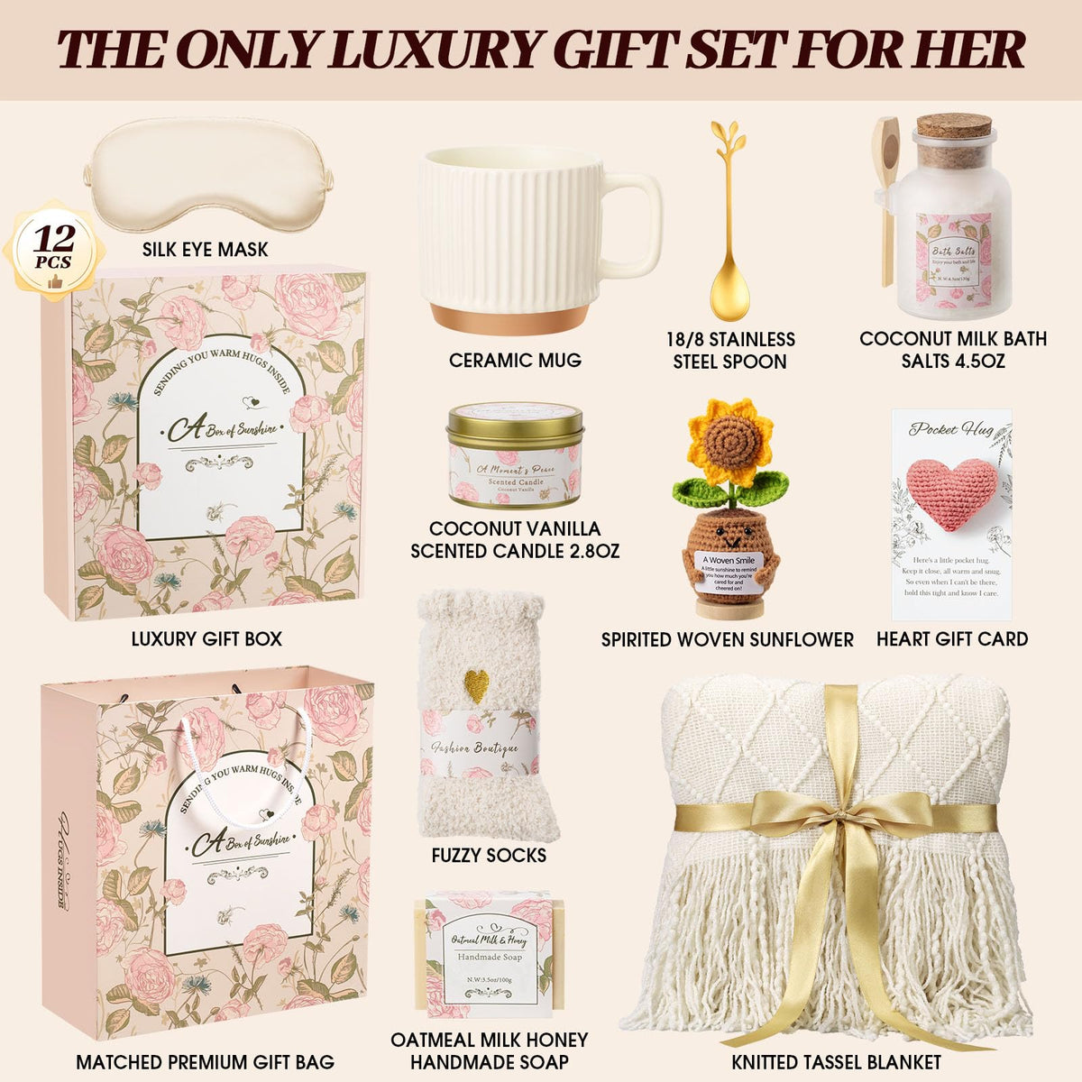 Birthday Gifts for Women, Self Care Gift Basket for Her, Thinking of You Care Package, Get Well Soon Gift Set for Best Friend, Sister, Mom, Wife, Coworker