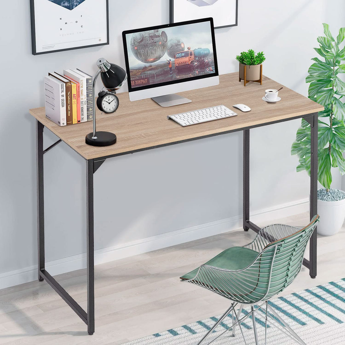 PayLessHere | 39 Inch Computer Desk | Nature | Office Desk with Metal Frame, Adjustable Feet | Water-Resistant, Scratchproof Surface | Sturdy Writing Table for Home Office or Study | Pack of 1
