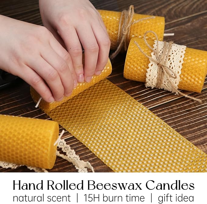 8 Packs Hand-Rolled Beeswax Candles, Handcrafted Honeycomb Beeswax Pillar Candles, Natural Bee Farm Gifts for Candle Lovers,Home Decor, Air Purify (2x4 in)