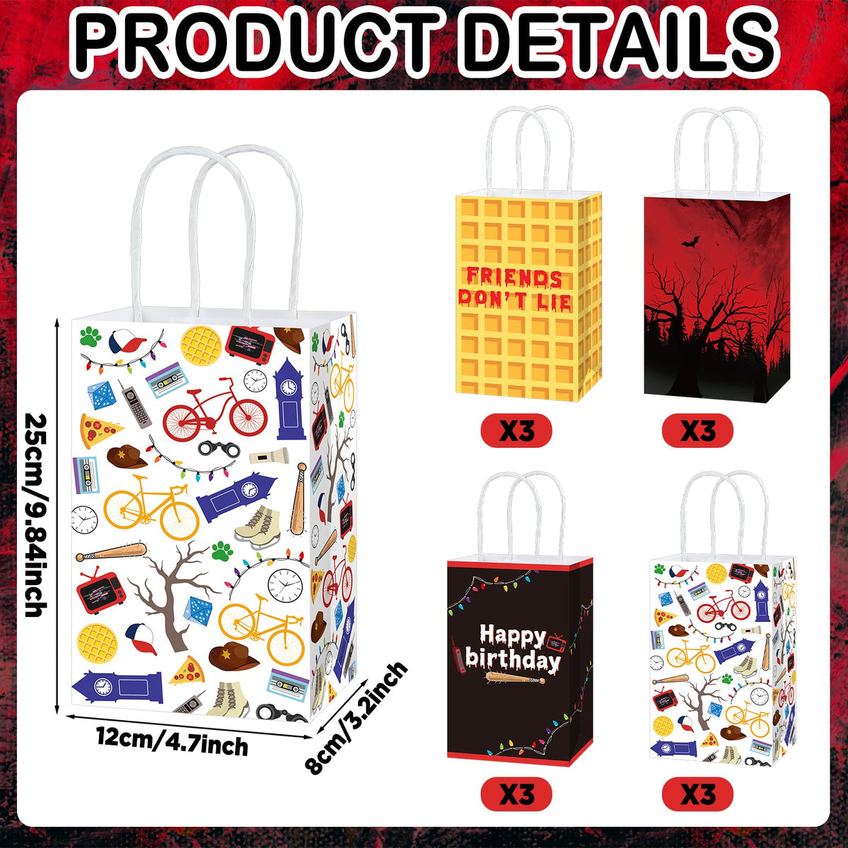 MinFyberd 24Pcs Spooky Rustic Party Supplies Spooky Forest Birthday Paper Bags Retro Alphabet Bulbs Pancake Gift Goodie Bags with Handles for Halloween Horror Party Retro 80s Movie Night Favors 24Pcs
