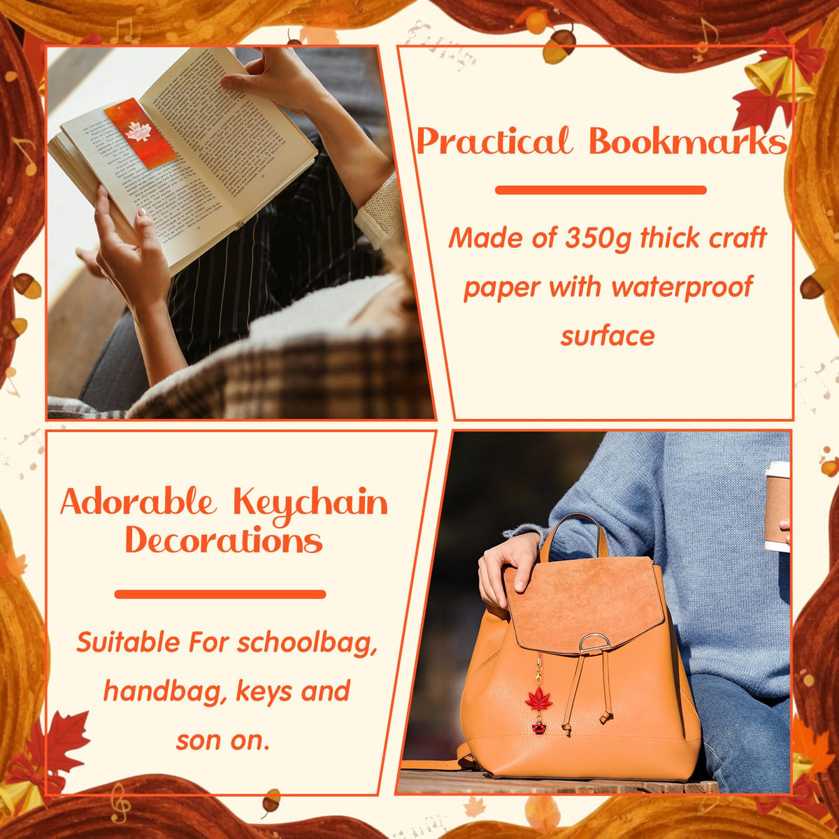 Huquary 24 Set Thanksgiving Bulk Gifts Jingle Bell Maple Keychains with Fall Bookmarks Fall Purse Jingle Bell Charms Leaf Charms Friendsgiving Party Favor Customer for Coworker Church Book Club