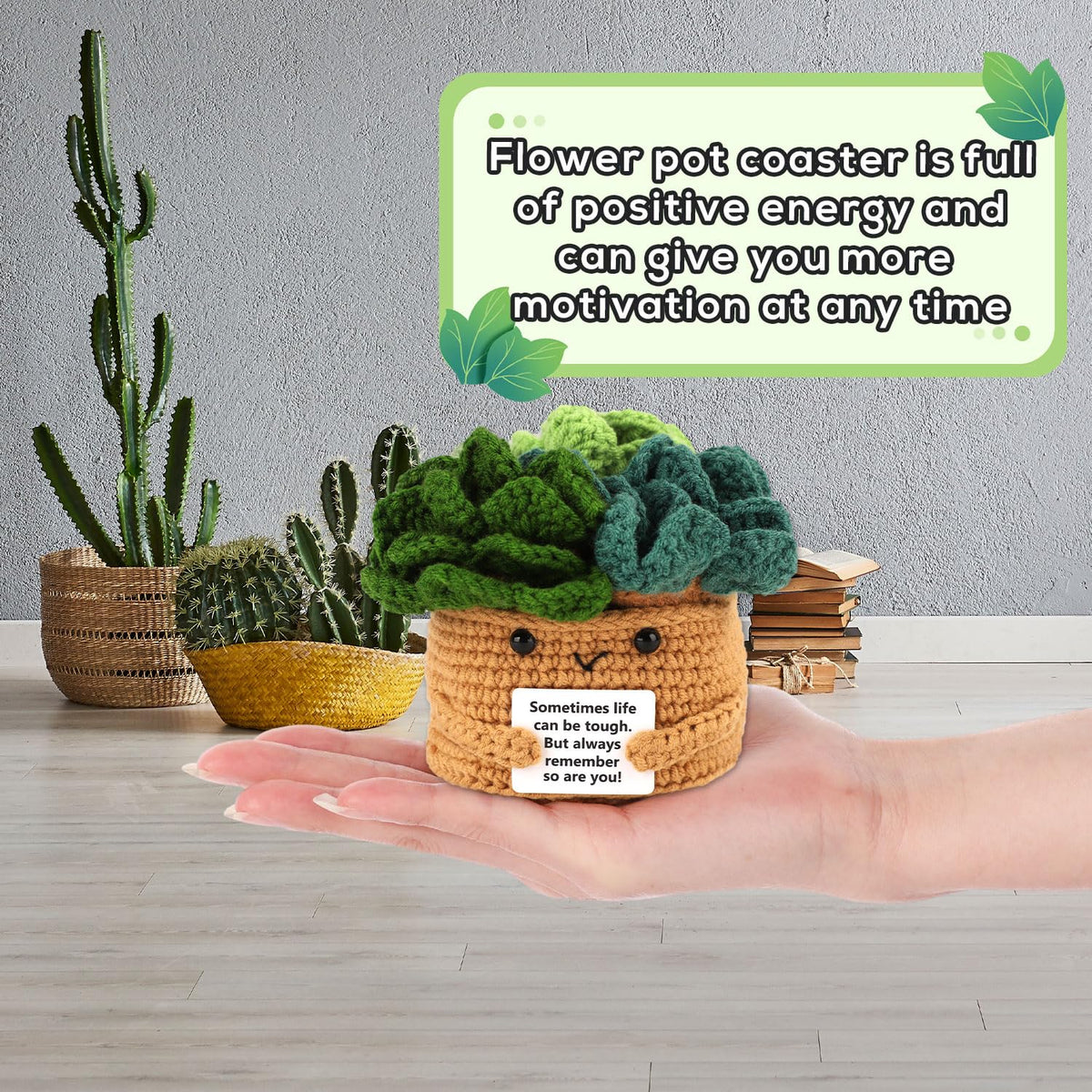 lasuroa Positive Flower Pot, Coasters Crochet Flower Mini Crochet Potted Flower Crochet Plant Pot Positive Emotional Plush Crochet with 6 Crochet Coasters for Party Decoration Encouraging Gift