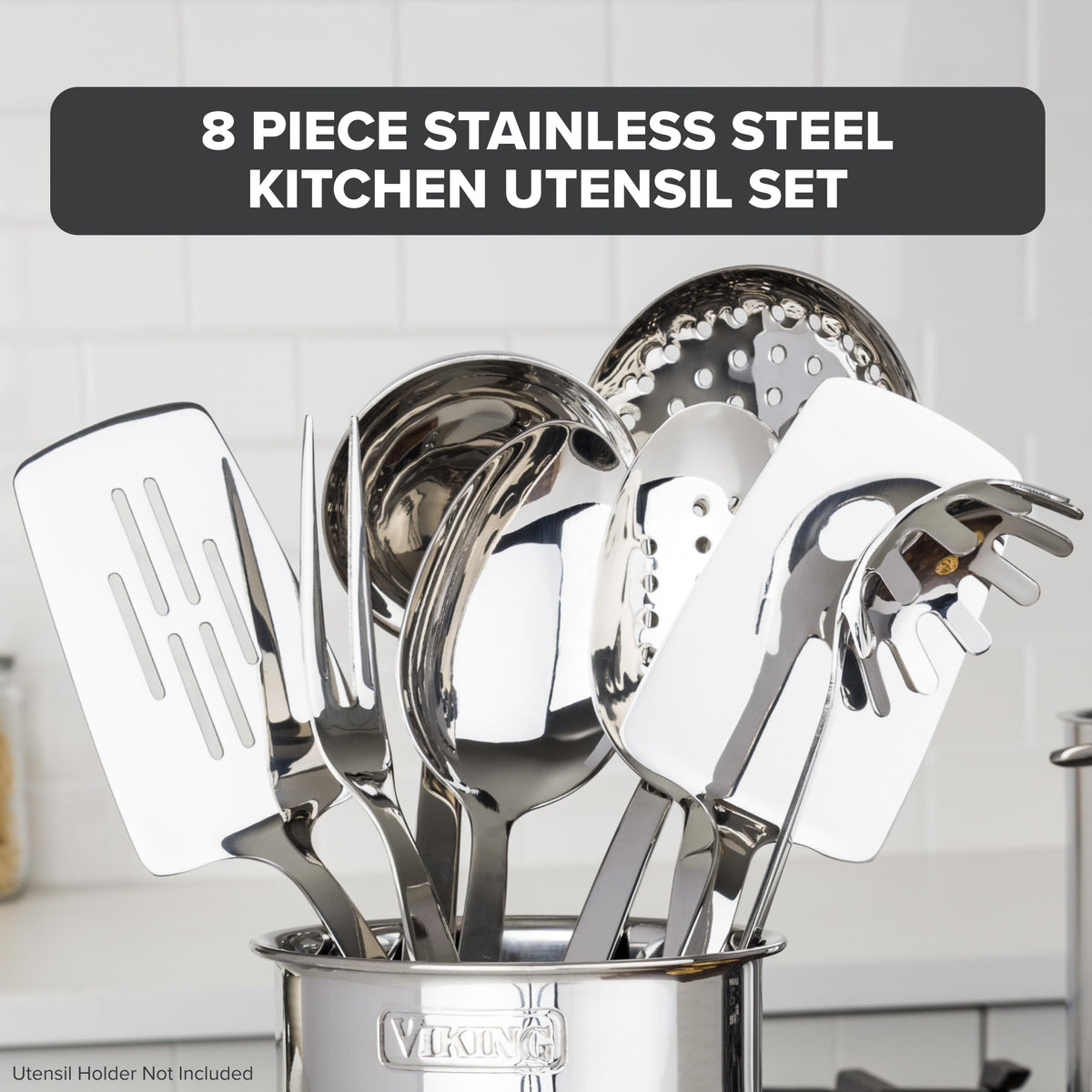 Viking Kitchen Utensils Set, 8 Piece Stainless Steel Cooking Utensil Set, Includes Spatulas, Spoons, Pasta Fork, Deep Ladle, Meat Fork, and Skimmer, Silver