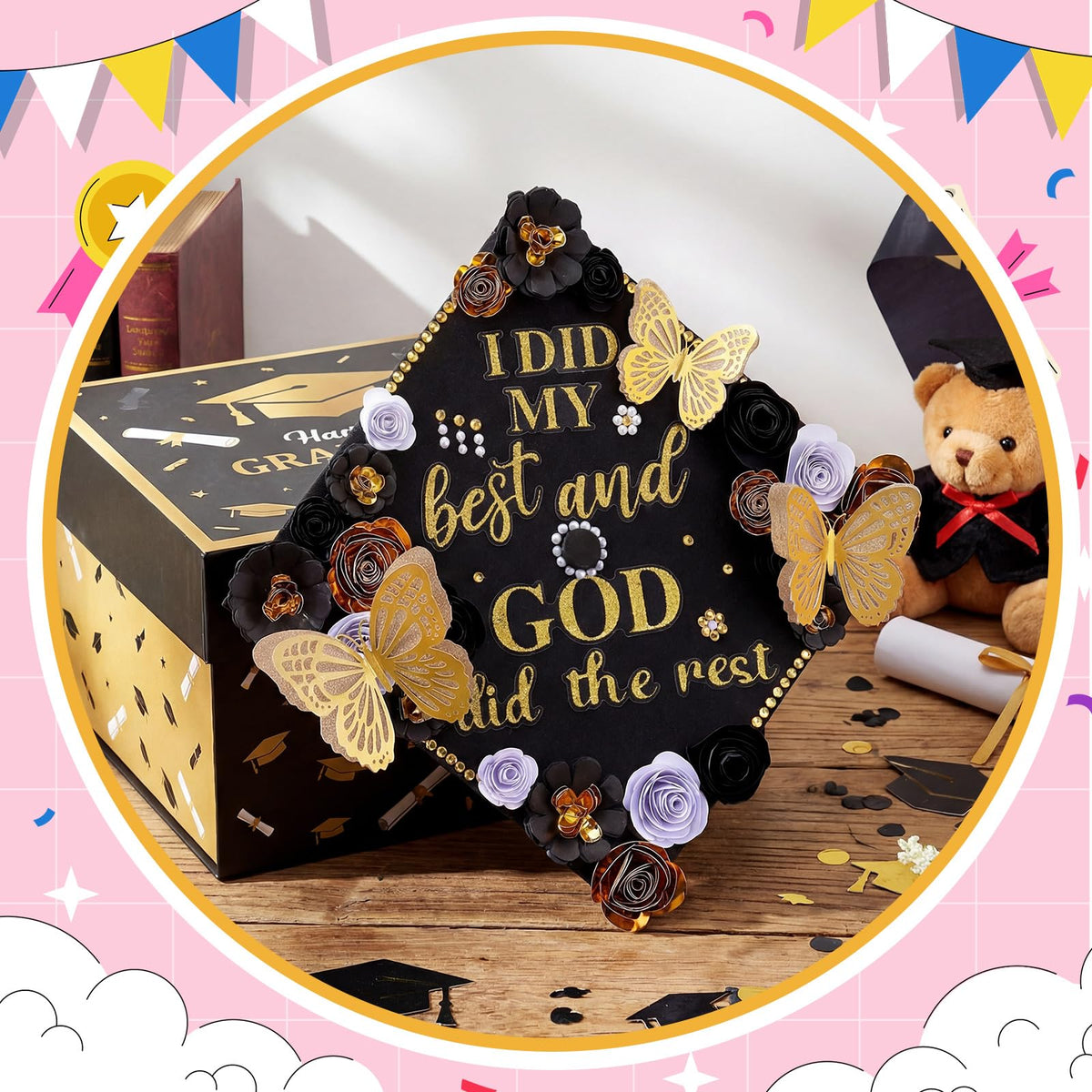 Feifeiya 44 Pcs DIY Graduation Cap Decoration Accessory Kit Faux Paper Flower Head Graduation Quote Glitter Sticker 3D Butterfly Pearl Rhinestone Sticker for Grad Cap Topper Gift (Black Gold)
