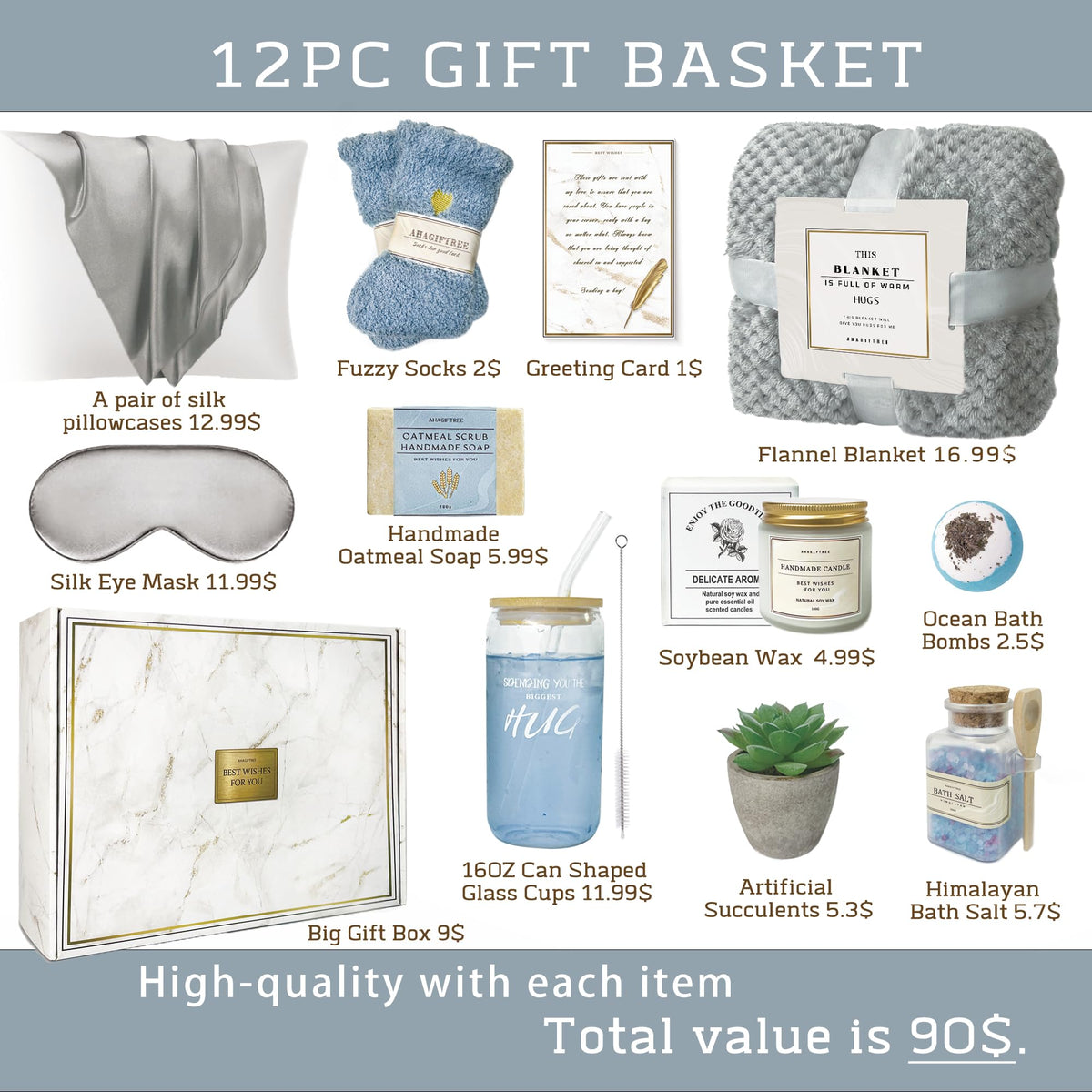 AHAGIFTREE Get Well Soon Gift Baskets For Women,Birthday,Mother's Gift, 12PC Sympathy Gifts, Care Package,Get Well Gifts for Women After Surgery,Grief,Condolences Gift Basket (grayish)