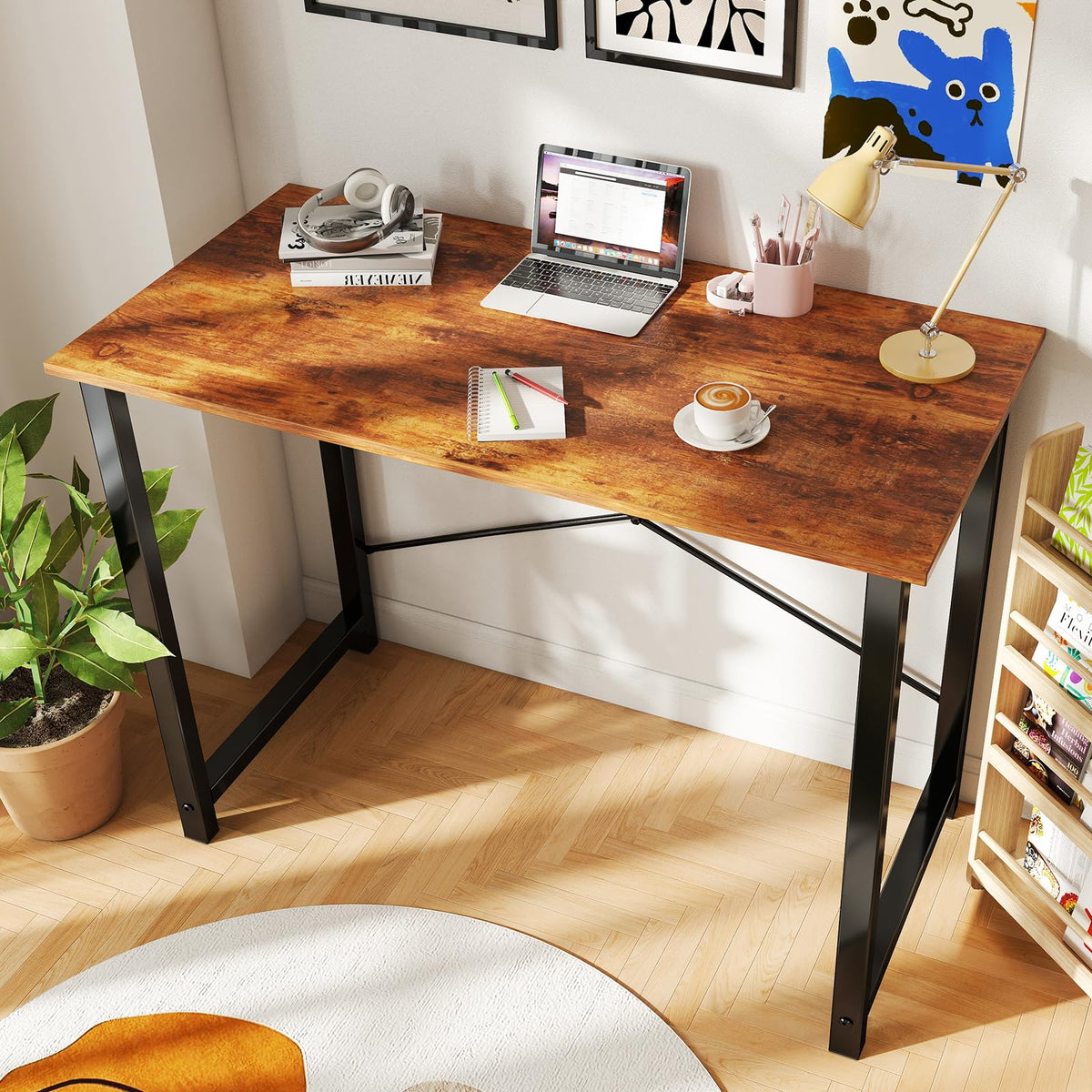 DUMOS 40 Inch Small Computer Desk Writing Gaming Study Work Desks for Bedroom Home Office with Metal Frame Simple Modern PC Table Workstation, Modern Brown