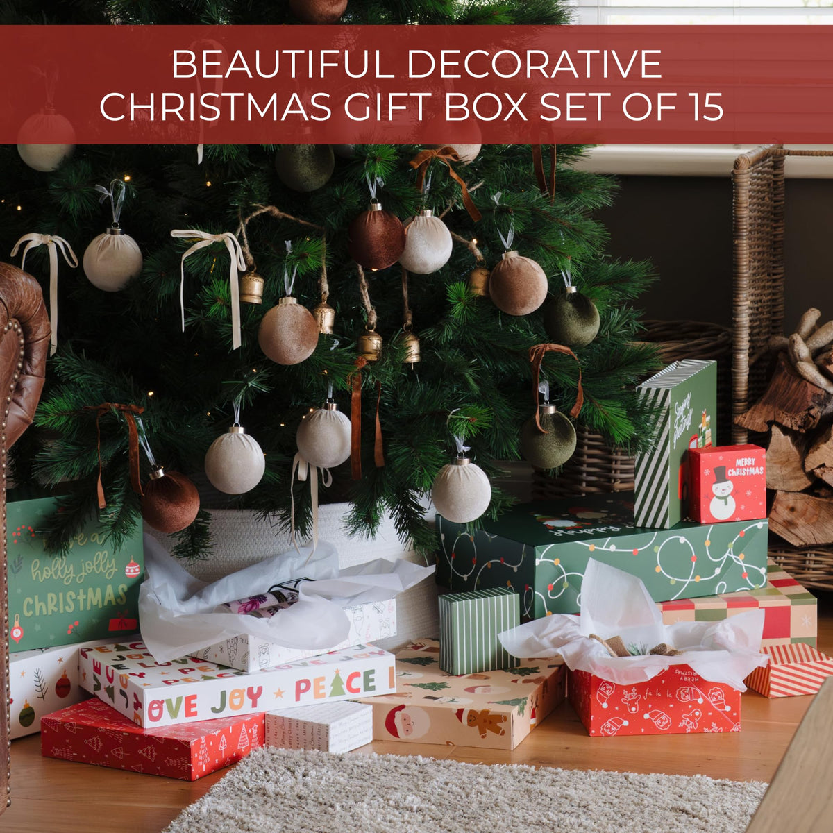 ZICOTO Beautiful Christmas Gift Boxes Set of 15 - Stylish Holiday Present Boxes with Assorted Festive Designs for Easy Christmas Gift Wrapping - Perfect Variety Set for Shirts, Clothing and More