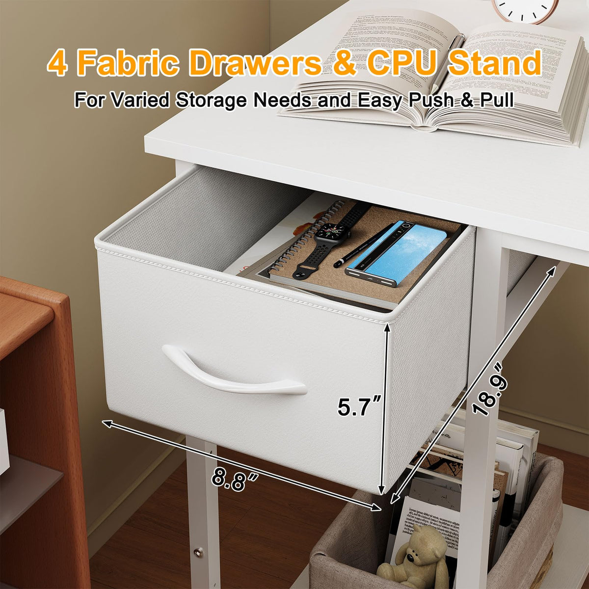 Grandder Computer Desk with 4 Drawers, 47 Inch Office Table with Storage, Gaming with CPU Shelves, Writing Desk Workstation for Home Office, Study, Bedroom, Work from Home, White