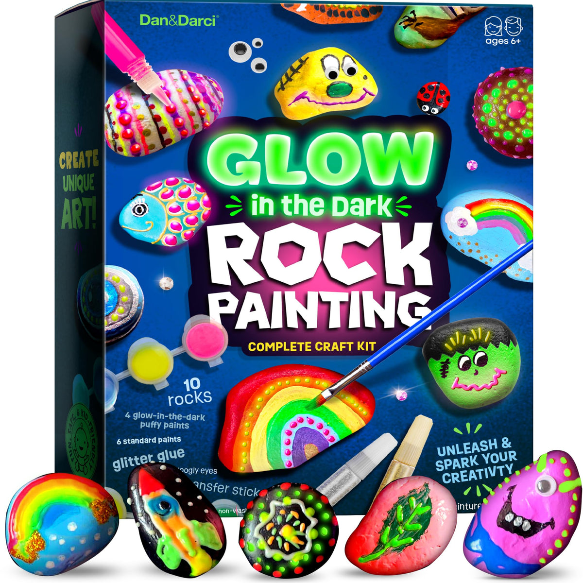 Dan&Darci Kids Rock Painting Kit - Glow in The Dark - Gifts Arts & Crafts for Boys and Girls Ages 6-12 - Craft Activities Kits - Creative Art Toys for 6, 7, 8, 9, 10, 11 & 12 Year Old Kid