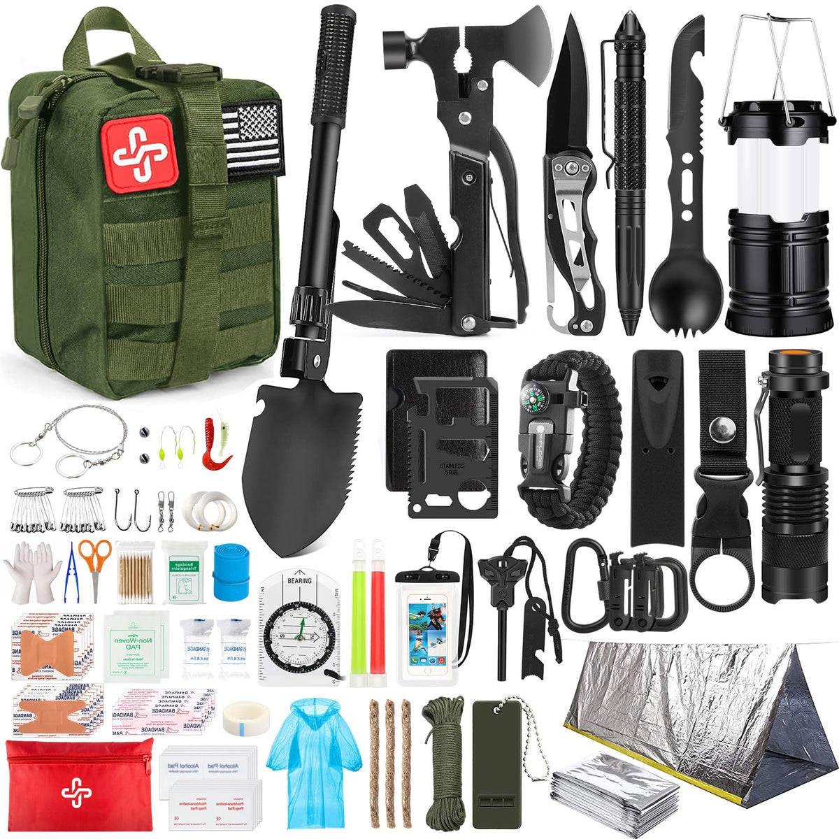 Survival Kit, 250Pcs Survival Gear First Aid Kit with Molle System Compatible Bag and Emergency Tent, Emergency Kit for Earthquake, Outdoor Adventure, Hiking, Hunting, Gifts for Men Women