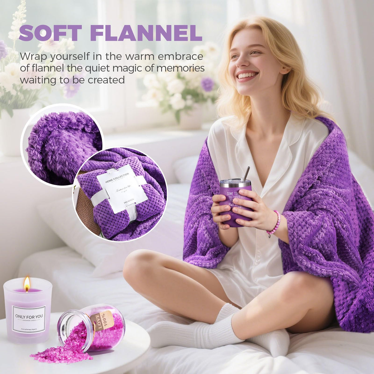 MEINESQIS Birthday Gifts for Women Gift Basket, Lavender Spa Gift Set with Cozy Flannel Blanket, Self Care Care Package Gift Box for Her, Mom, Wife, Sister, Best Friend, Girlfriend (Purple)