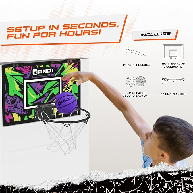 AND1 Over the Door Mini Basketball Hoop: 18x12 Shatterproof Backboard, 2 Mini Basketballs, and Hand Pump Included- Ultimate Indoor Basketball Accessory for Kids and Adults, No Tools Required