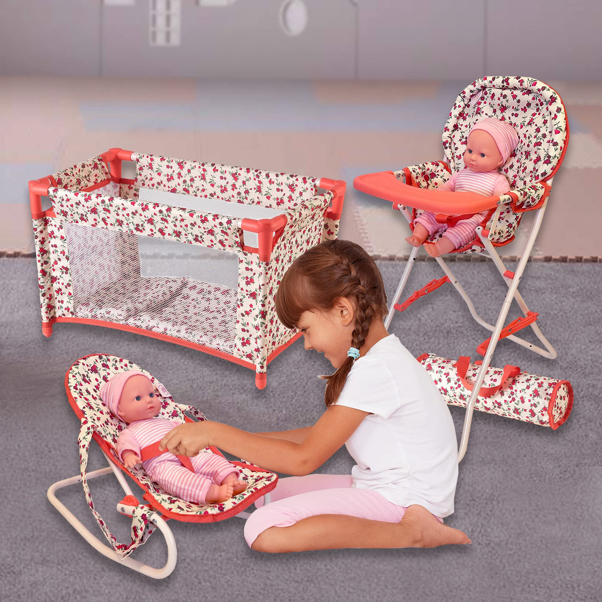 Floral Baby Doll Accessories Set, 3-1 Baby Doll Crib, Baby Doll High Chair & Bouncer Seat. 18 inch Doll Accessories with Doll Bed. 18" Dolls Furniture Play Stuff. Toys for Girls Ages 3-5,4-6,5-7,8-10