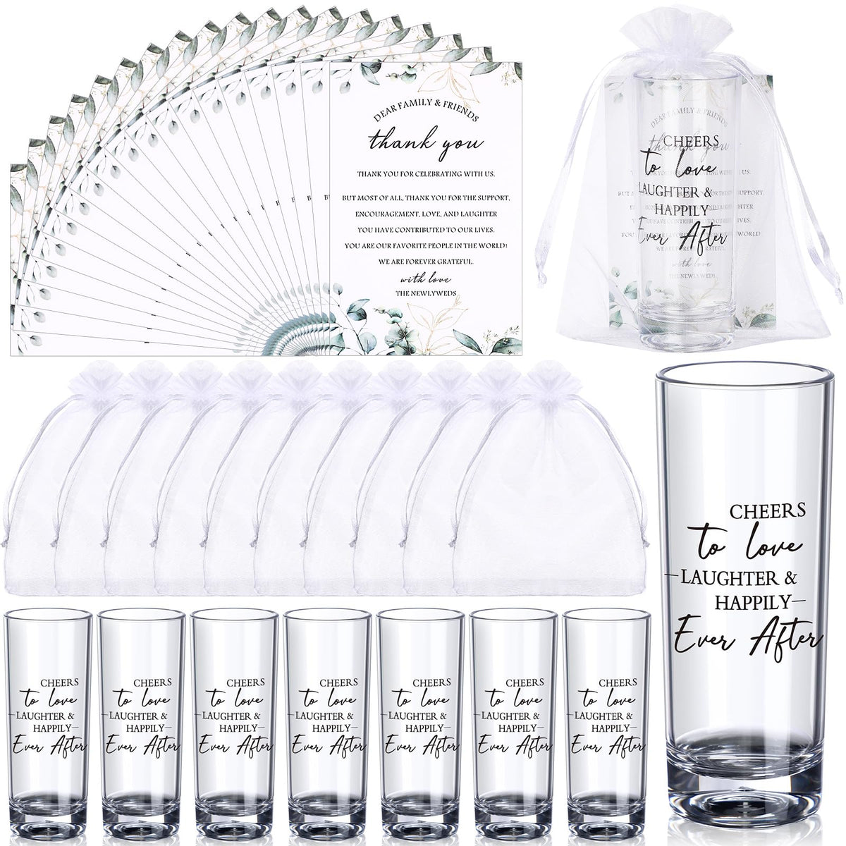 Sliner 100 Set Wedding Favors for Guests Bulk 2oz Acrylic Cheers to Love Shot Glasses with Thank You Cards Organza Bags for Guest Souvenirs (Cylinder,Cheers to Love Laughter and Happily Ever After)