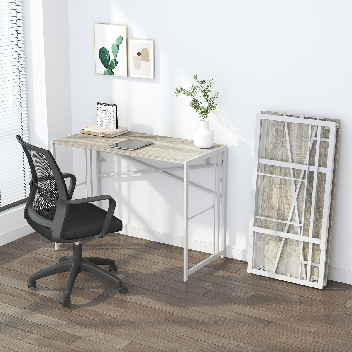 Lutown-Teen Folding Desk 40 inch Writing Gaming Computer Camping Table, No Assembly Required Home Office Desk, Beige