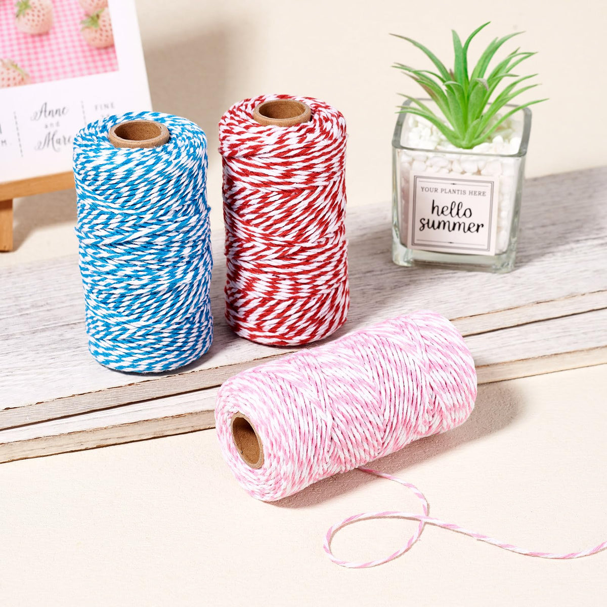 Elecrelive 3 Rolls Macrame Cords 2mm Natural Cotton Twine 8 Strand Twisted String Blue Red Cotton Macrame Rope Macrame Supplies Kit for Jewelry Bracelet Sewing Wedding Gift Wrapping