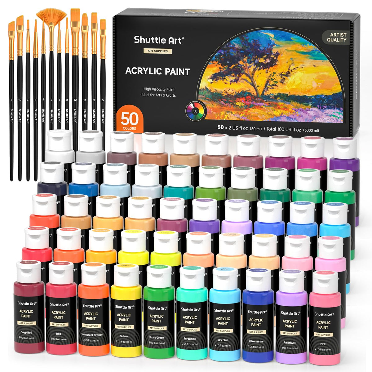 Shuttle Art Acrylic Paint, 50 Colors Acrylic Paint Set, 2oz/60ml Bottles, Rich Pigments, Water Proof, Premium for Artists, Beginners and Kids on Canvas Rocks Wood Ceramic Fabric