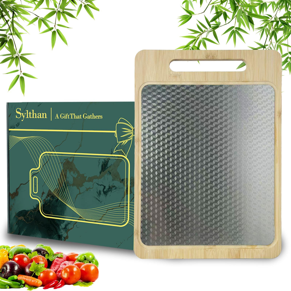Double Sided Bamboo&Stainless Steel Cutting Board with Juice Groove and Handle, Non Toxic, Wooden Chopping Boards for Kitchen,Charcuterie Board,Ideal Gift for Housewarming(15”×11”Large YC)