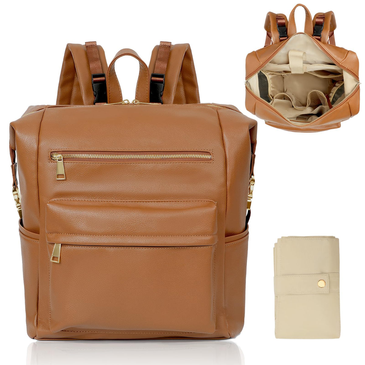 Omanmoli Diaper Bag Backpack Leather Backpack with 17 Pockets Travel Baby Diaper Bag,4 Insulated Pockets,Stroller Straps,Changing Pad,Brown