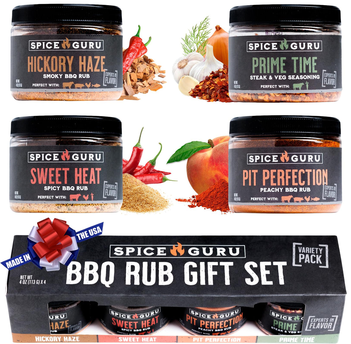 Spice Guru BBQ Rub Gift Set – 4 Flavor Barbecue Seasoning Sampler – Mens Christmas Gifts for Dad, Husband or Brother – Premium Grilling Spices & Holiday Gift Set for Grill Lovers - Grill Accessories