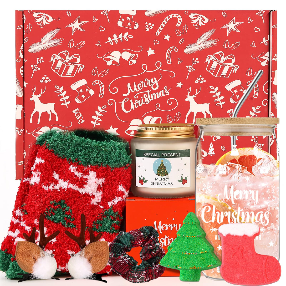 Christmas Gifts for Women, Unique Birthday Gifts for Mom from Daughter, Grandma, Sister, Wife, Coworker, Gifts Ideas Set with 16oz Glass Cup, Christmas Hair Clip