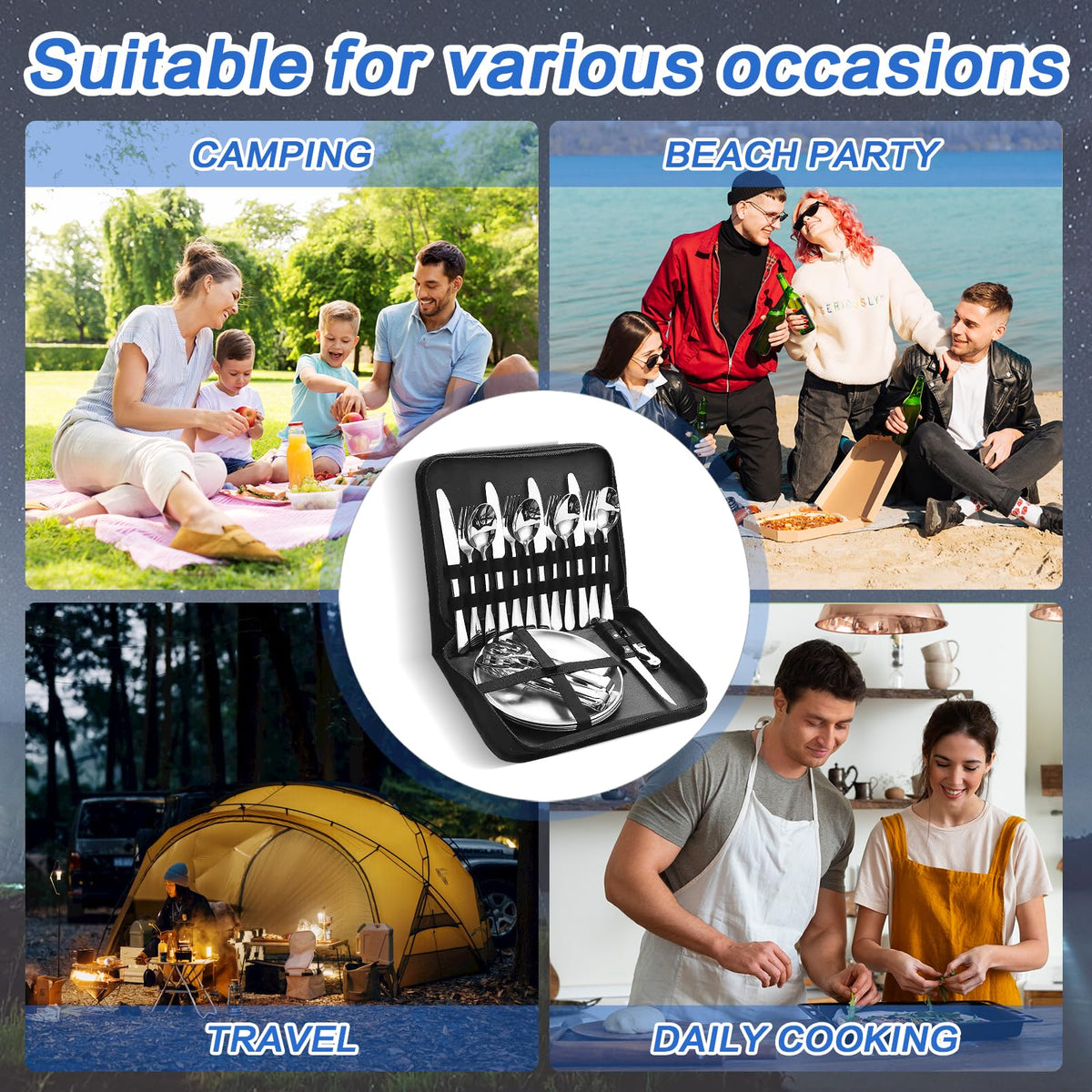 Cynrikah Camping Utensils, Camp Supplies 4 Person 20PCS with Spoons Plates Forks Knives in Camp Organizer, Mess Kit of Camping Utensil Set Car Camp Essentials Dishes for Picnic/Hiking(Black)