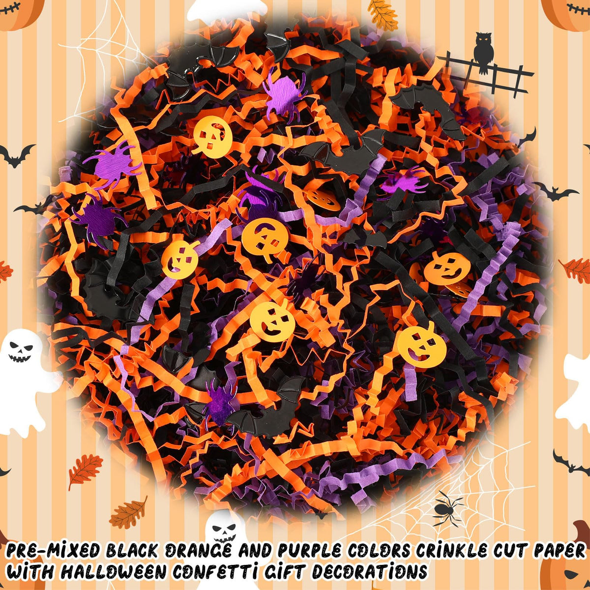 Jansun Halloween Black Orange Purple Crinkle Cut Paper and Confetti, 453g/16oz Shred Filler with Pumpkin Spider Bat Confetti for Gift Wrapping Craft DIY Basket Filling Trick or Treat Candy Decorations