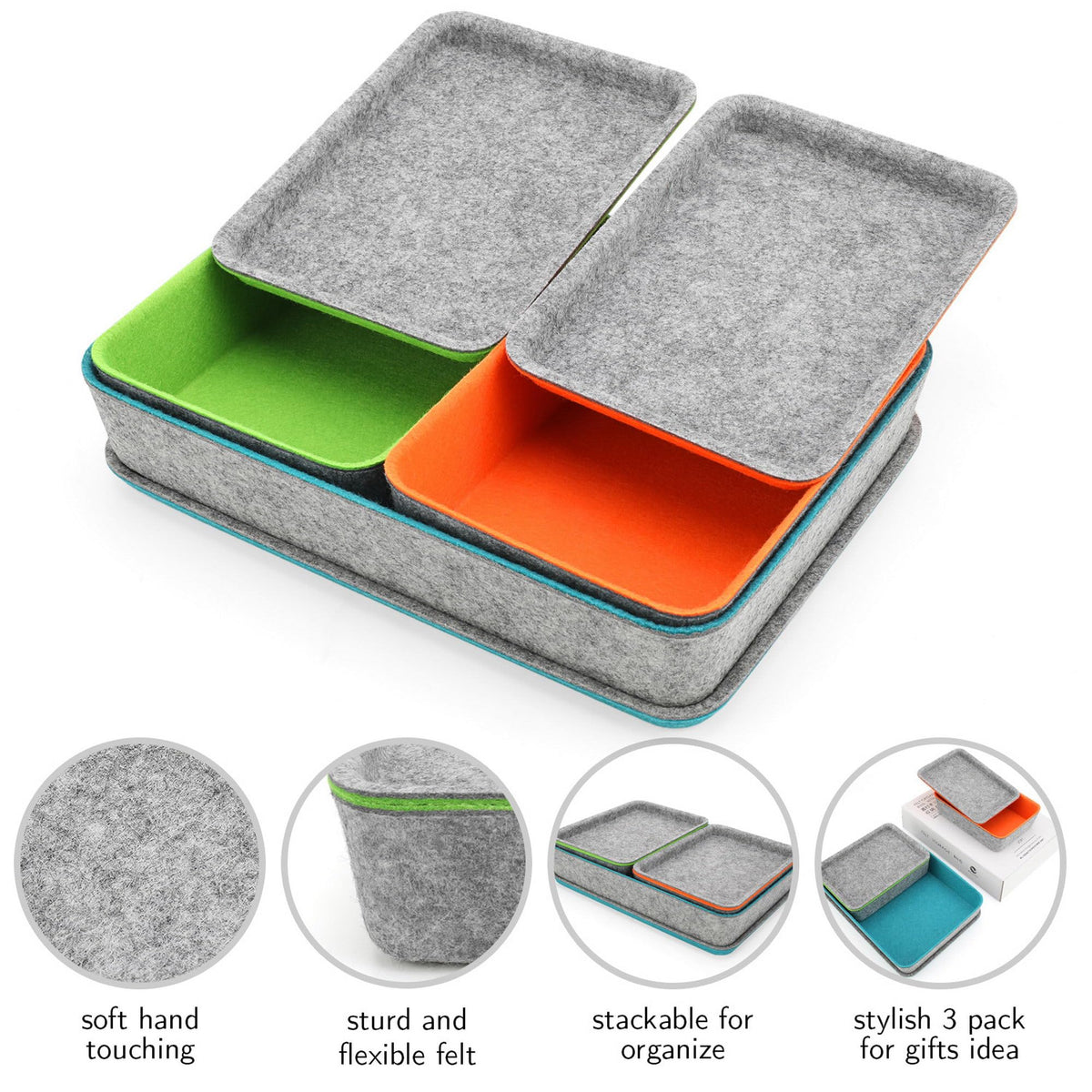 Welaxy stackable Lidded drawer organizer bins home office work desktop storage box with lid for junk makeup stationery decluttering sorting 3-pack gift idea (Orange + Green + Turquoise)