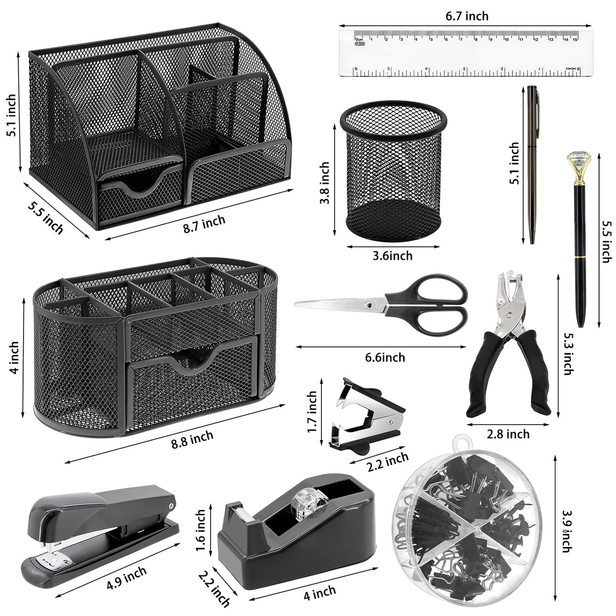 17 in 1 Black Desk Organizers and Accessories Set, 3 Office Desk Supplies Storage Organization, 4 Pens, Stapler, Staples & Remover, Tape & Dispenser, Scissors, Ruler, Clips, Hole Punch, Back to School