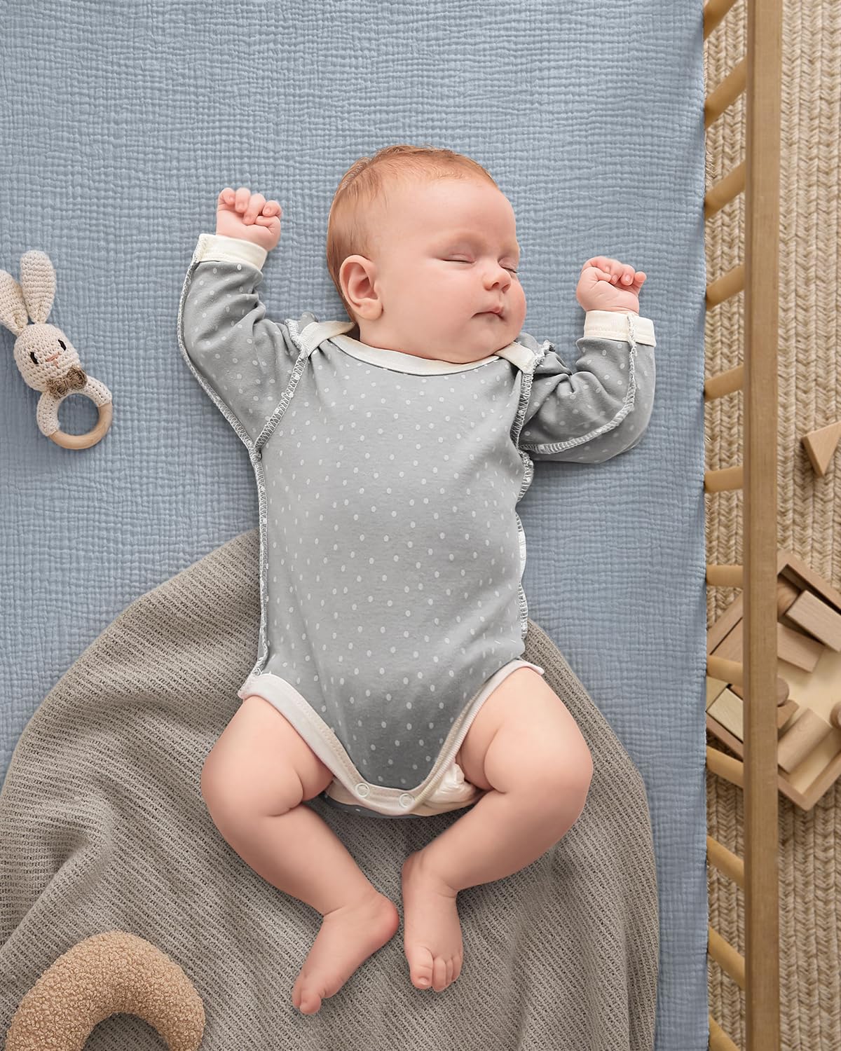 Blissful Diary Muslin Crib Sheets for Girl Boy, Boho Neutral Soft Cotton Baby Sheet for 52''x28'' Standard Crib Mattress, 2 Pack(Light Blue&Grey)