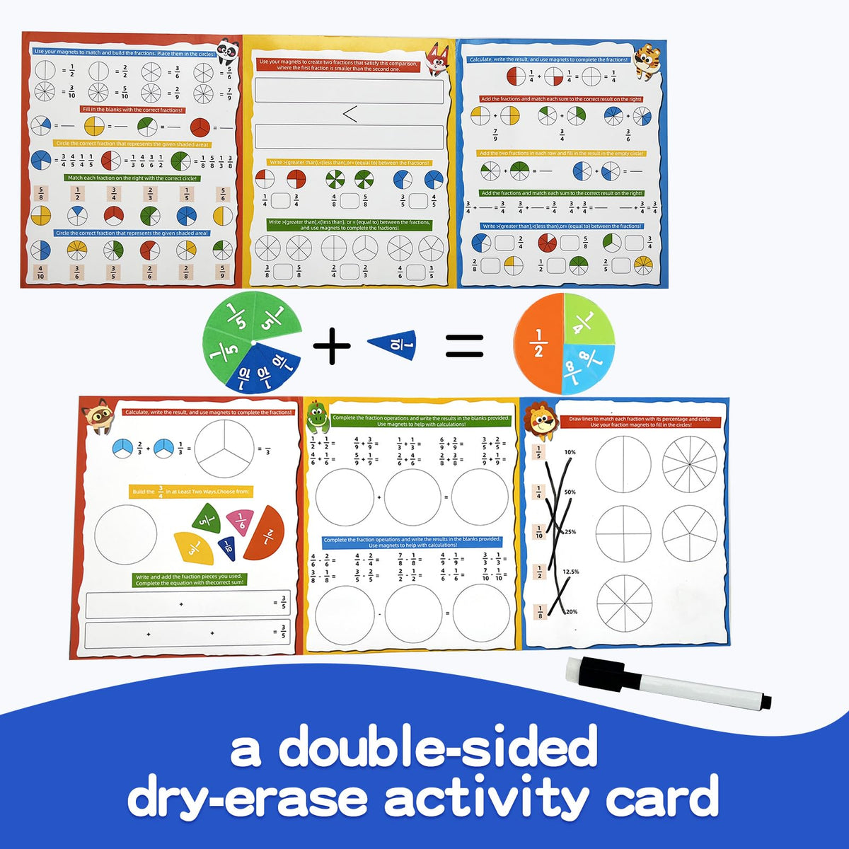 CABVIP Magnetic Fraction Tiles & Circles Set with Dry Erase Board - Montessori Math Manipulatives Kit for Grade 1-5, Homeschool Classroom Fraction Puzzles and Games