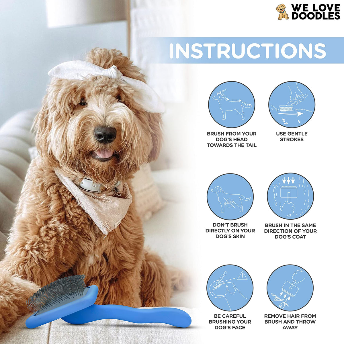 We Love Doodles Dog Gloves Wipes & Dog Slicker Brush Bundle - Pet Bathing Wipes for Dogs, Paws, Face, Body, Ears - Pet Grooming Detangler Pin Dog Brush, Goldendoodle Long Pin Brush for Dematting