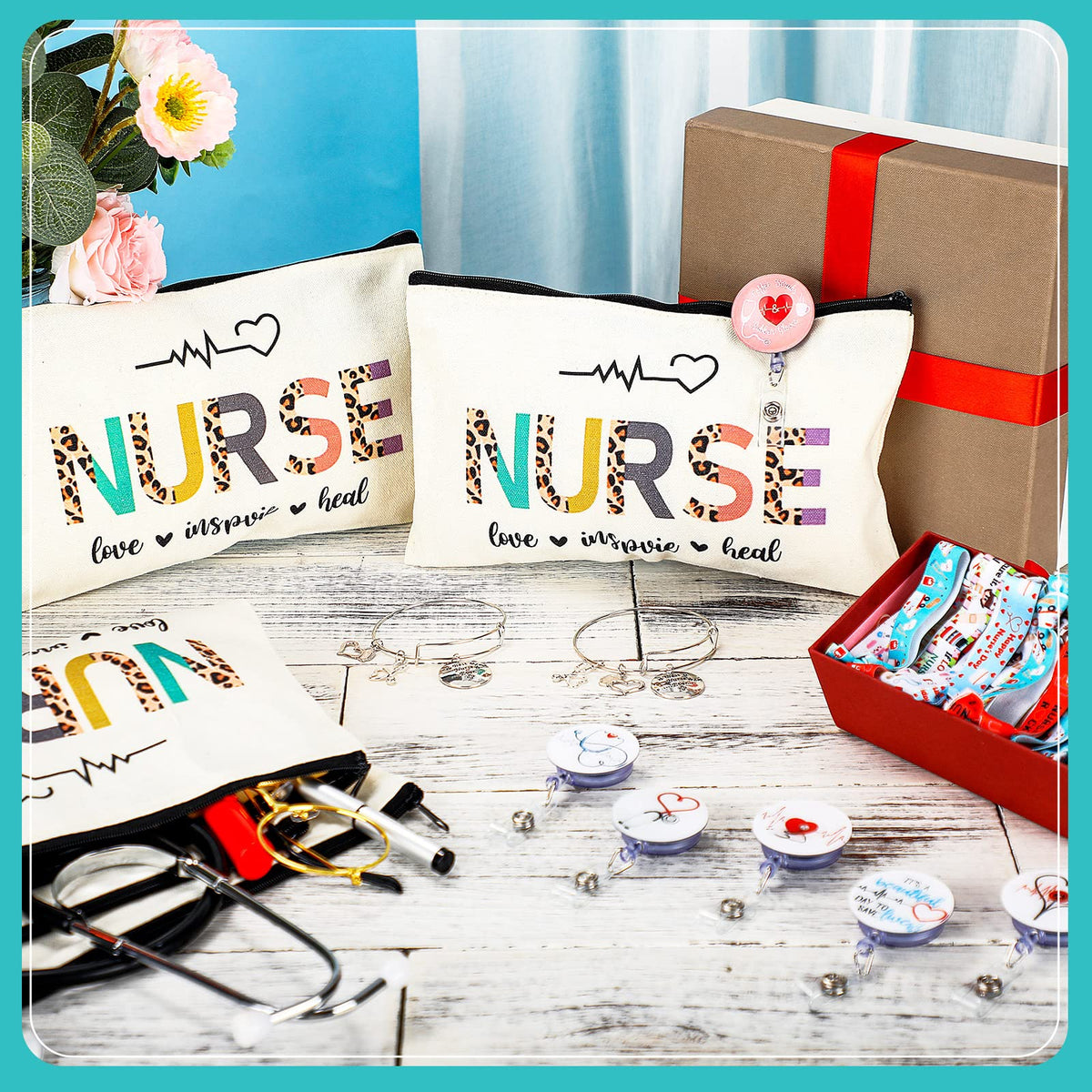 Pajean 38 Pcs Nurse Week Gifts Set for Women Bulk Nurse Appreciation Gift with Makeup Bags, Badge Reels, Bracelets, Hair Ties for Nursing Graduation Practitioner Emt Rn Lpn Cna Survival Kit