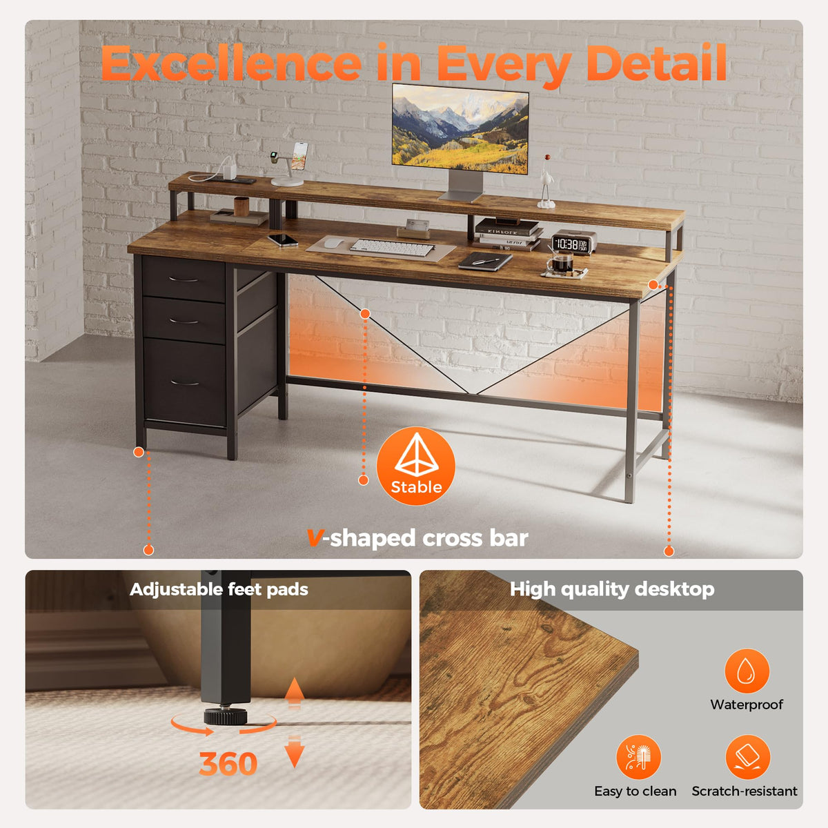 Mericonia Computer Desk 55 inch with Power Outlets & LED Lights, Gaming Desk with 3 Drawers for Home Office, Small Desk with Monitor Stand for Small Spaces, Study Writing Desk