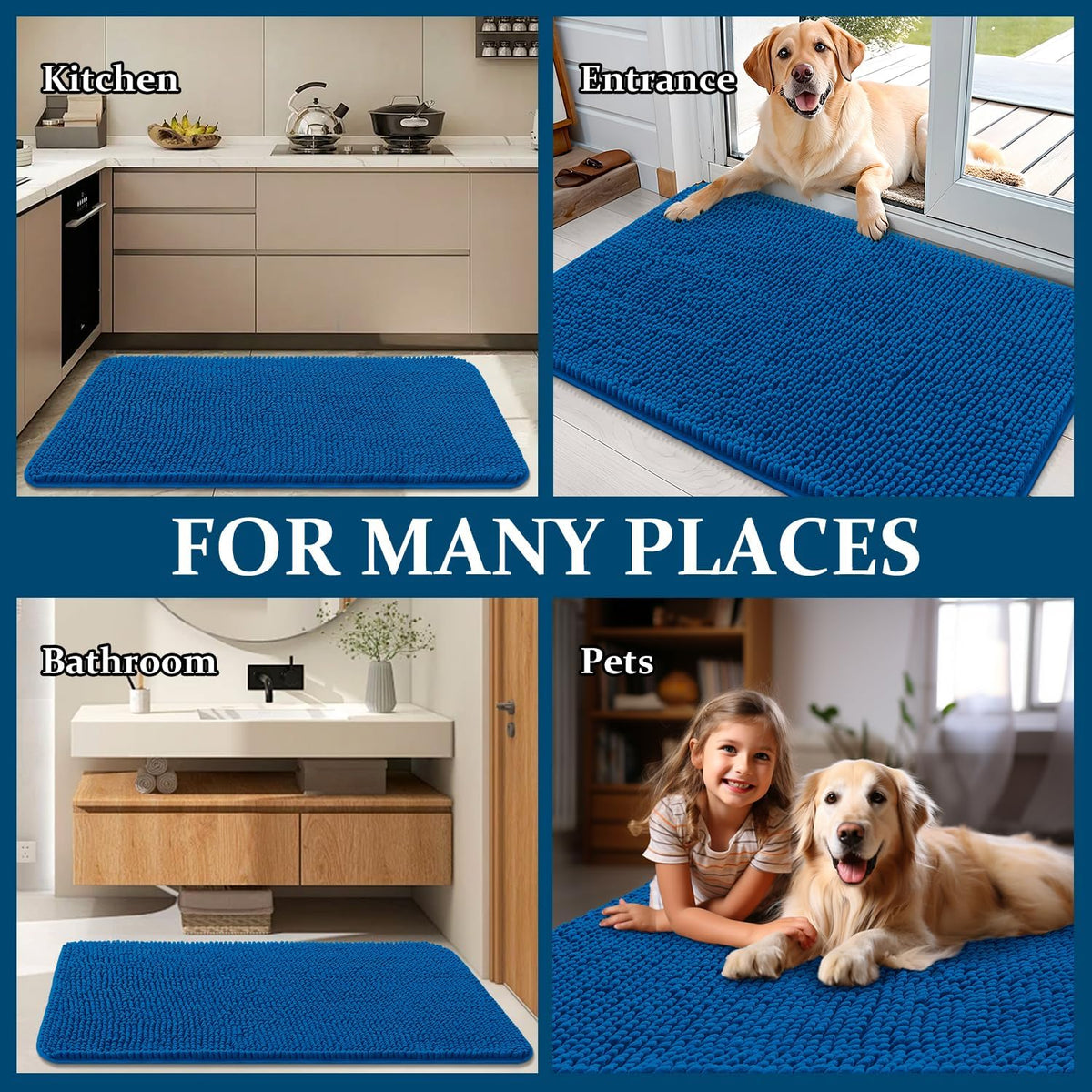 OLANLY Dog Door Mat - Absorbent Non-Slip Mud Mat for Muddy Paws | 70x35, Quick Dry Chenille, Deep Navy Blue