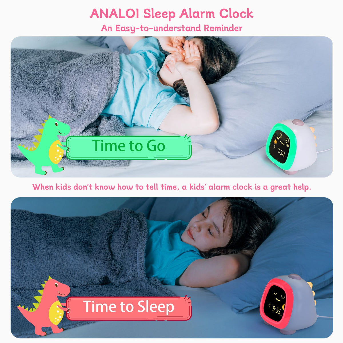 ANALOI Alarm Clock for Kids, Kids Alarm Clock Ok to Wake Cute Night Light for Bedroom, Toddlers Sleep Training Clock Stay in Bed, Dinosaur Birthday Gift for Kids Boys Girls