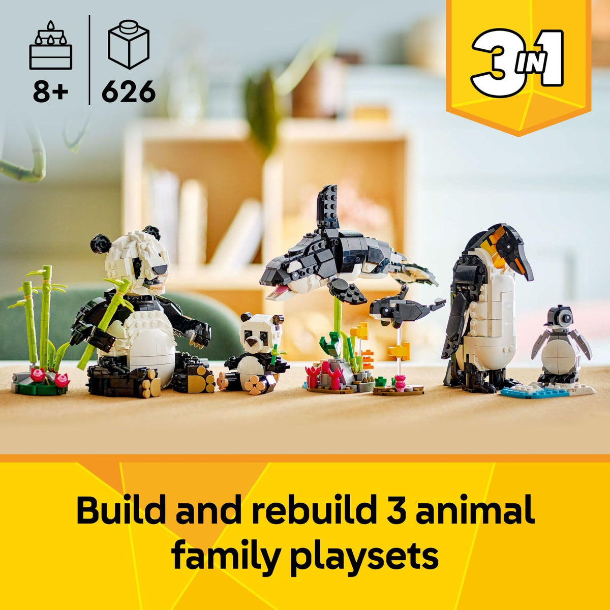 LEGO Creator 3 in 1 Wild Animals Panda Family - Building Toy Kit for Kids with 3 Building Options, Panda, Penguin, or Orca - 8 Year Old Girl & Boy Birthday Gifts - 31165
