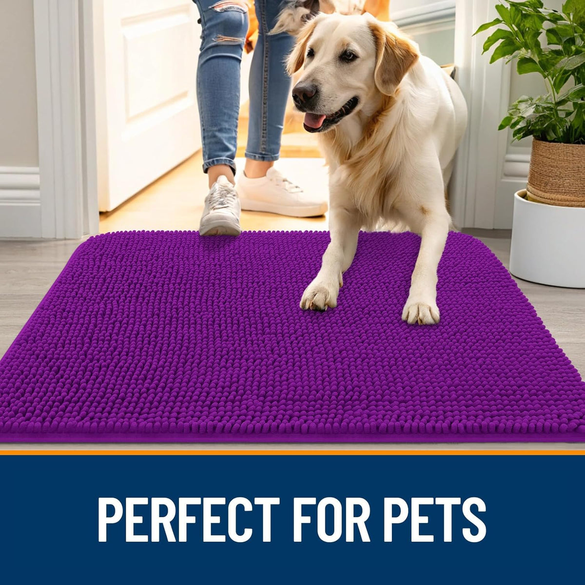 OLANLY Dog Door Mat - Absorbent Non-Slip Washable Doormat for Muddy Paws | 59x35 Purple Chenille Mat