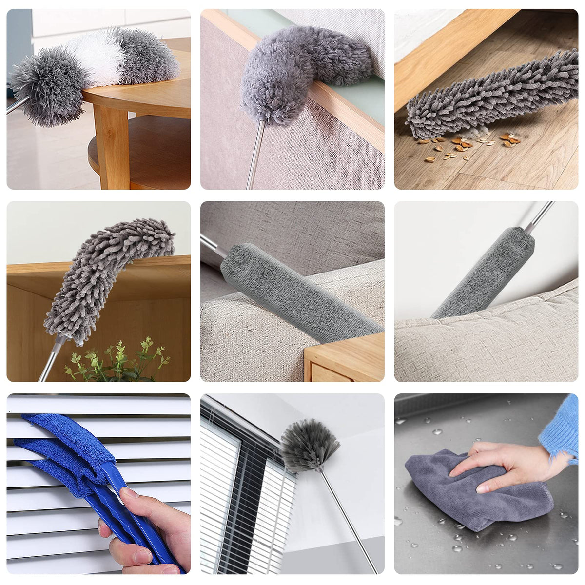 Microfiber Duster Kit (11PCS) - Washable Dusters with Extension Pole (30 to 100 in) for Cleaning Ceilings, Fans, Furniture