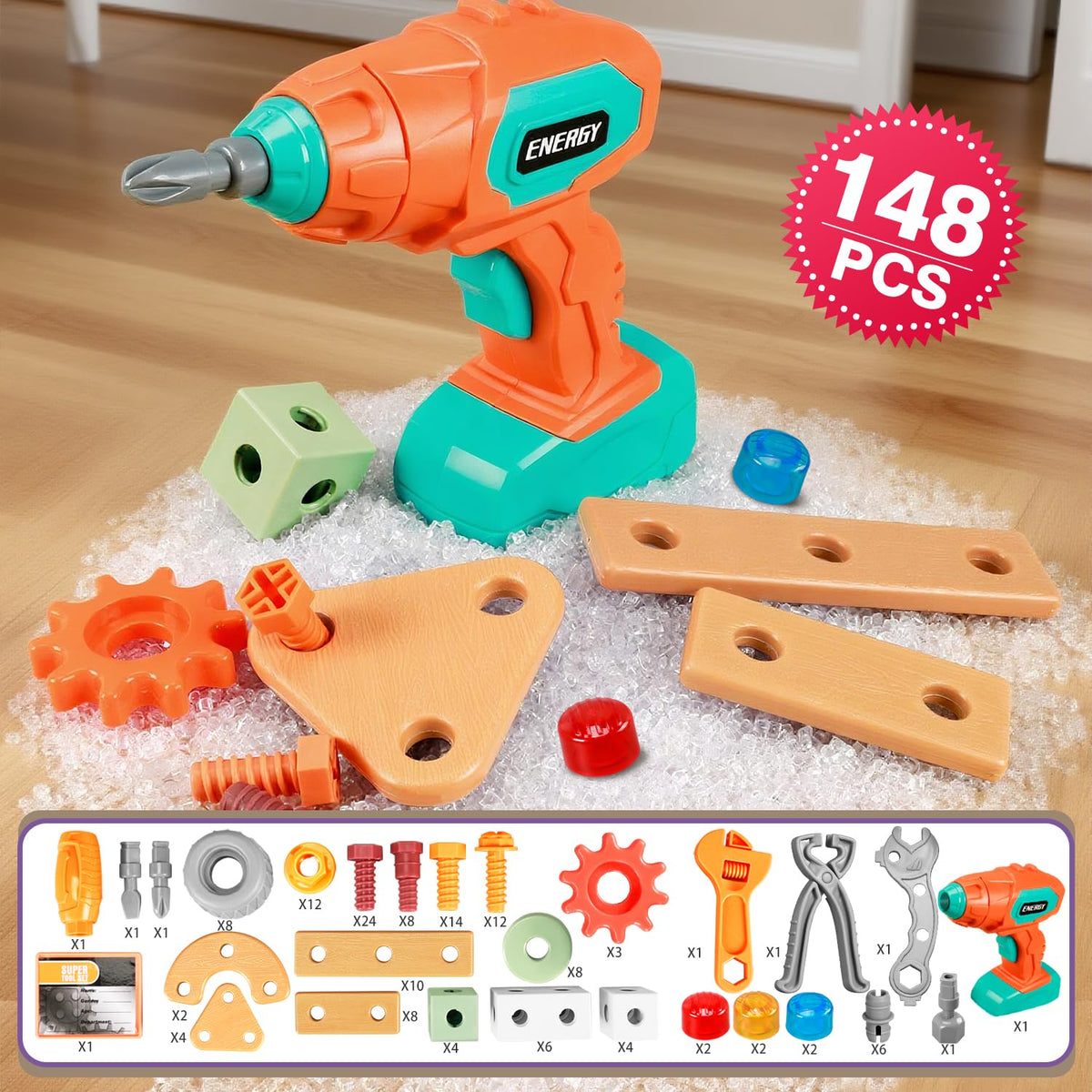 Kids Tool Set with Drill,148Pcs Toddler Tool Set with Toolbox,STEM Montessori Toys for 3 4 5 Year Old,Pretend Play Kid Toy,Educational Construction Toy for 3-5 Year Old Boy Girl,Birthday Gift for Kids