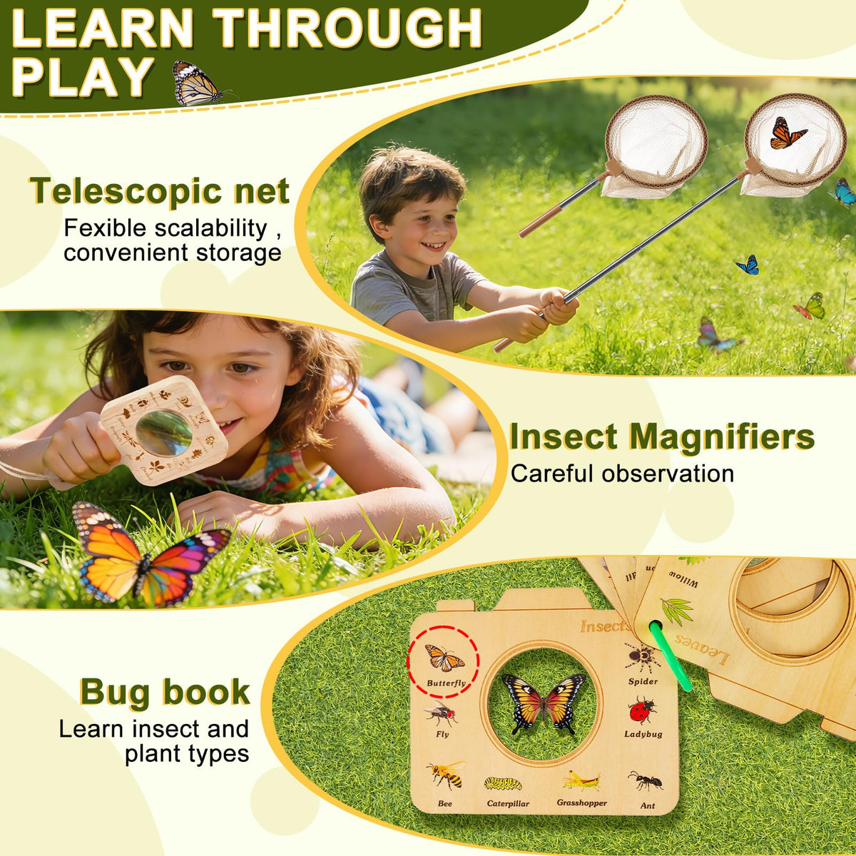 Wooden Bug Catcher Kit for Kids,10PCS Kids Bug Catching Kit with Bug Collector,Butterfly Net,Magnifying Glass,Toddler Bug Habitat Outdoor Explorer Kit Bug Collection,Nature Gift for Boys&Girls