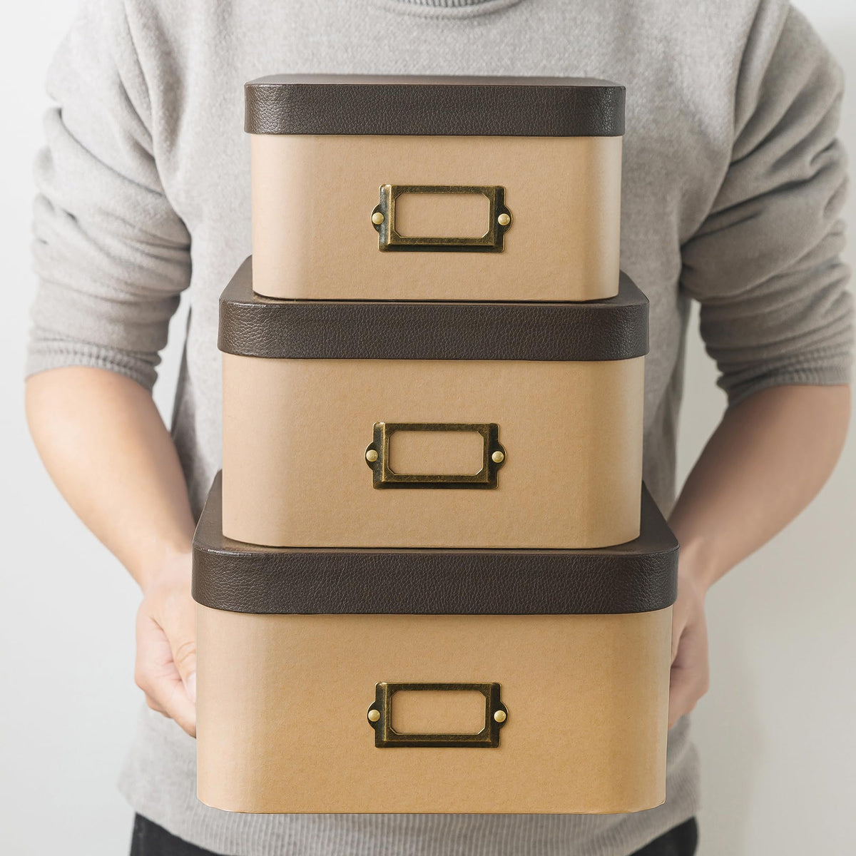 Soul & Lane Kraft Decorative Boxes with Buffalo Leather Lids - Set of 3, Cardboard Memory Boxes for Keepsakes with Bronze Label Holders, Perfect for Home and Office Decor and Organizing